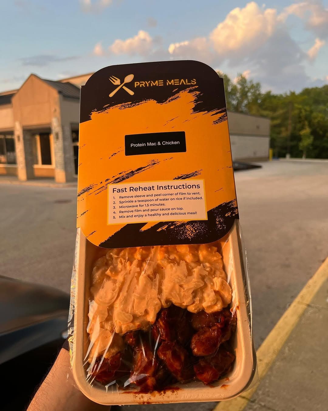 Pryme Meals Protein Mac & Chicken at golden hour